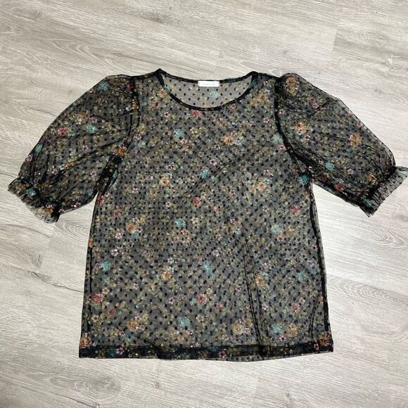 Tiny Willow Sheer Net Puff Sleeve Swiss Dot Floral Blouse Black Women’s S/M - Picture 8 of 14
